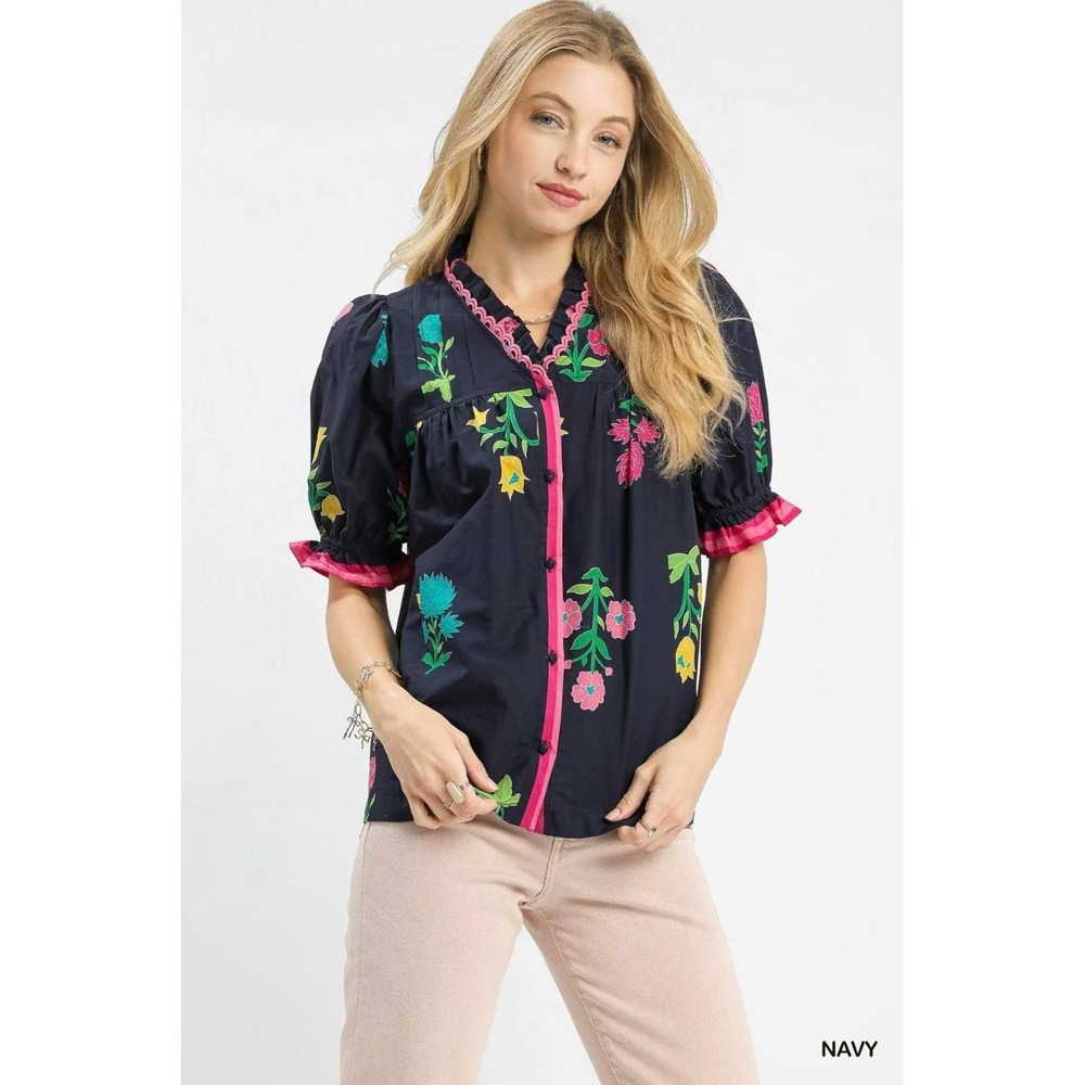 Umgee‎ Petal Parade Print Button-Down Blouse - Navy - Medium